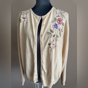 Vintage Tiara International embroidered cardigan sweater in a soft cream color.